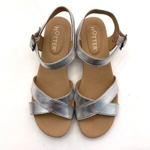 Hotter Maui Comfort Wedge Sandals Silver Leather US Womens 8.5 Padded Strappy